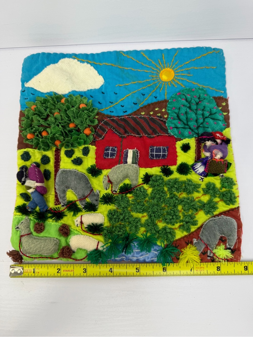 Vintage Peruvian Arpillera Folk Art 3D Applique Tapestry Wall Hanging Andes 9x9” - Picture 2 of 5